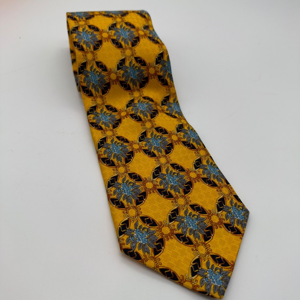 MCM Mens Silk Tie Yellow Blue Floral Medallion Geometric Made in Italy
